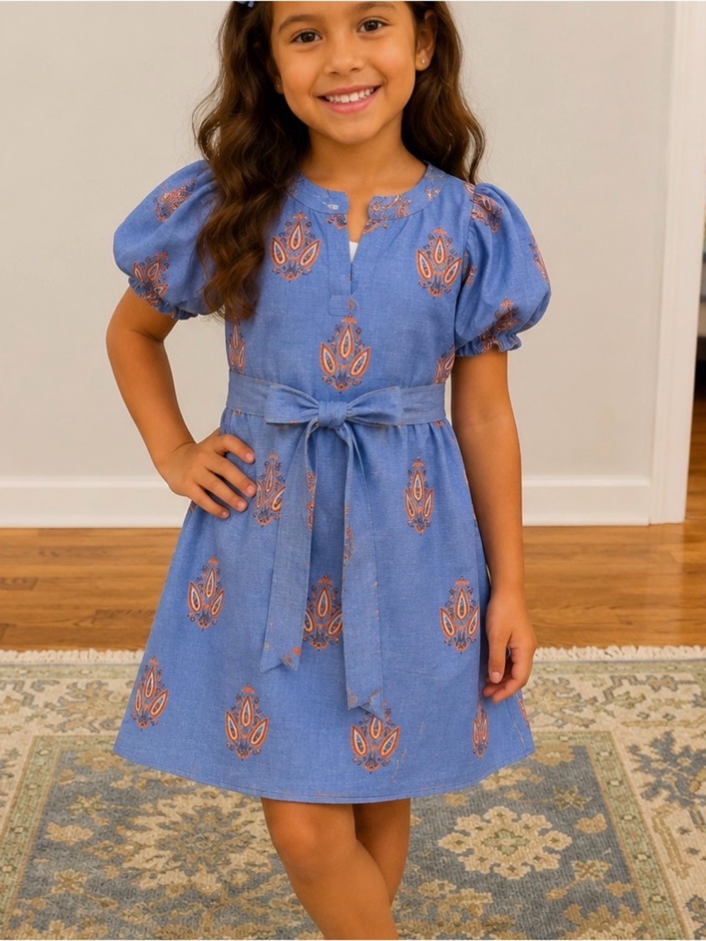 Girls Blue Floral-Print Tie-Waist Dress with Puff Sleeves